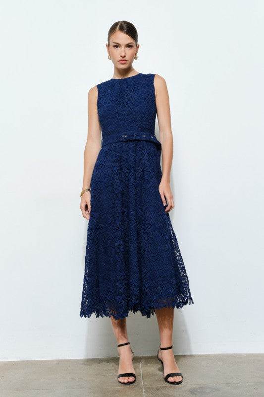 Ina Floral Lace Belted Sleeveless Midi Dress
