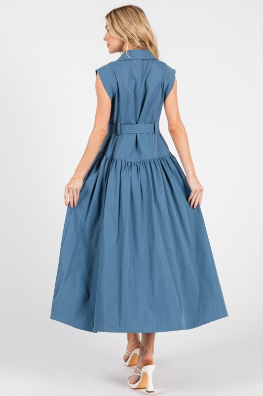 Bighit Fashion Woven Solid Cap Sleeve Button Down Maxi Dress