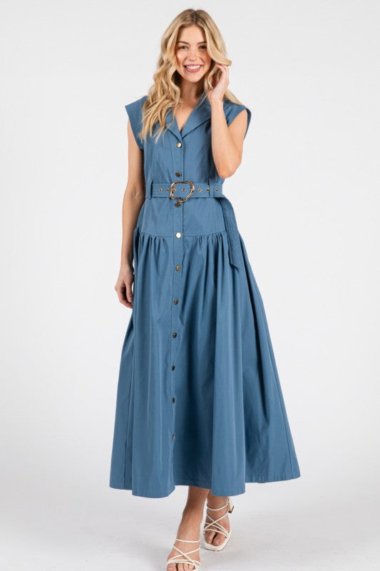 Bighit Fashion Woven Solid Cap Sleeve Button Down Maxi Dress