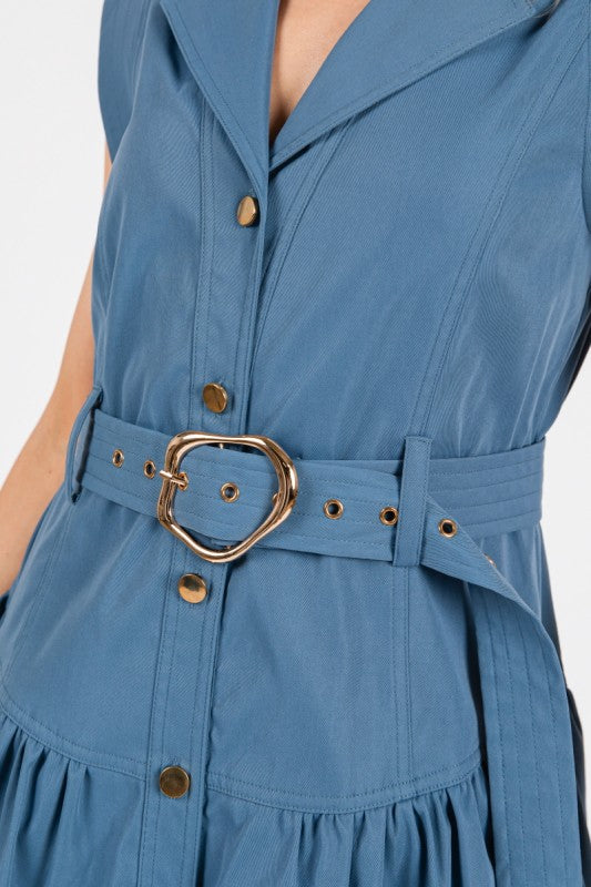 Bighit Fashion Woven Solid Cap Sleeve Button Down Maxi Dress