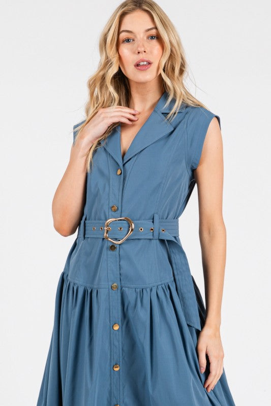 Bighit Fashion Woven Solid Cap Sleeve Button Down Maxi Dress