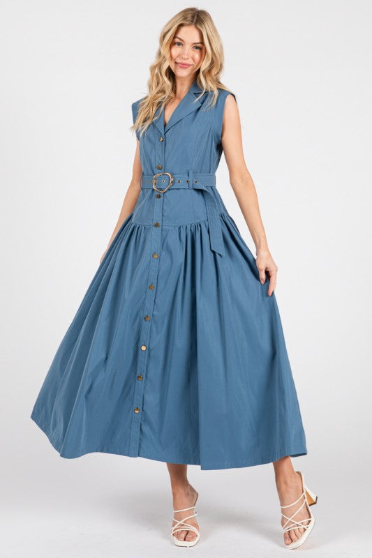 Bighit Fashion Woven Solid Cap Sleeve Button Down Maxi Dress