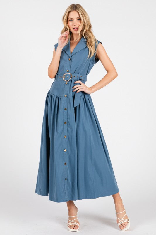 Bighit Fashion Woven Solid Cap Sleeve Button Down Maxi Dress
