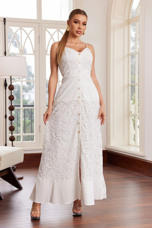 Chicways Midi Dress with Lace Detail and Button Down Closure