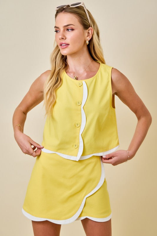 Day + moon Contrast Scalloped Edge Surplice Linen Mini Skort Set