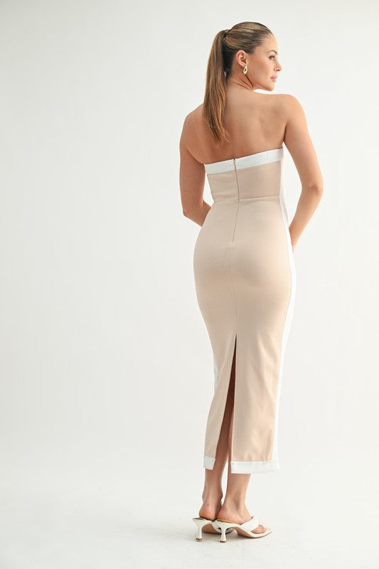 Evenuel Luxe Contrast Strapless Midi Dress