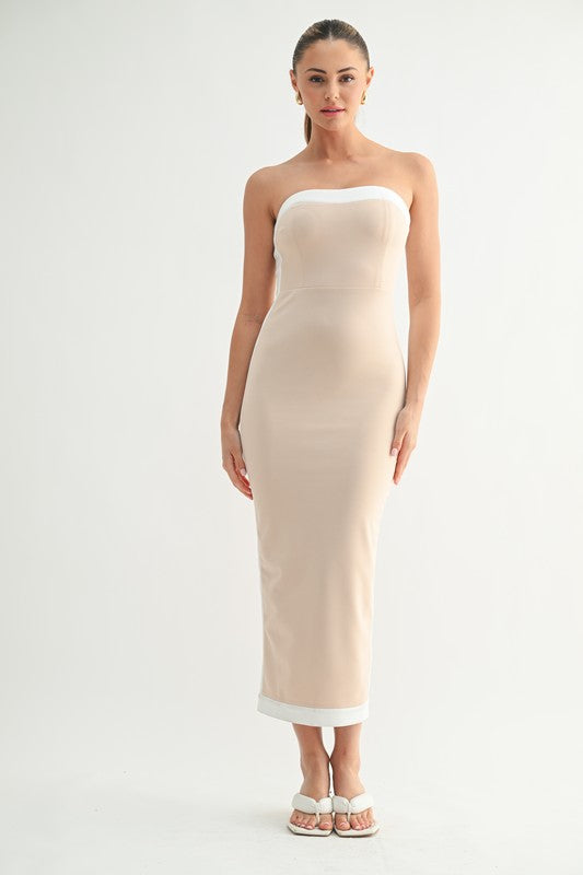 Evenuel Luxe Contrast Strapless Midi Dress
