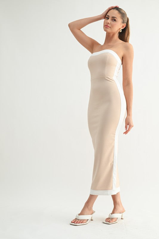 Evenuel Luxe Contrast Strapless Midi Dress