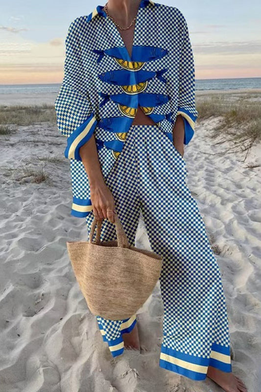 La Roseason Boho Ocean Fish Print Shirt Color Block Pants Set