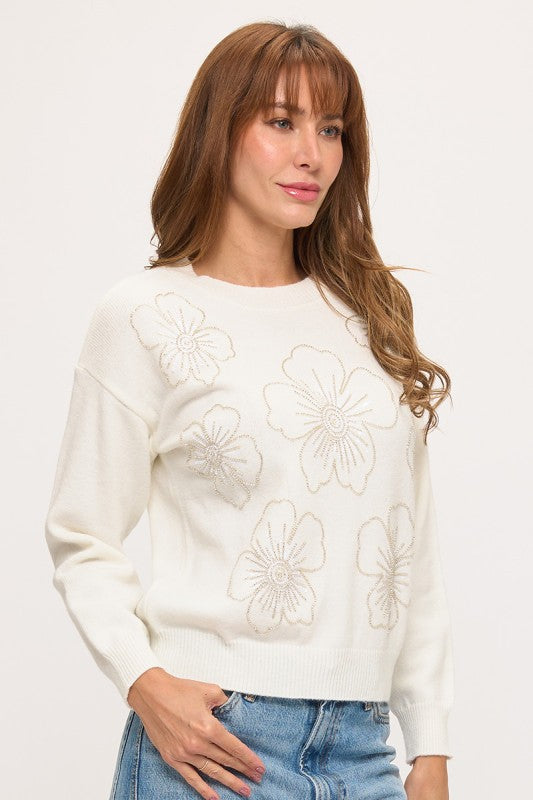 Ever B Floral Beaded Long Sleeve Sweater Top