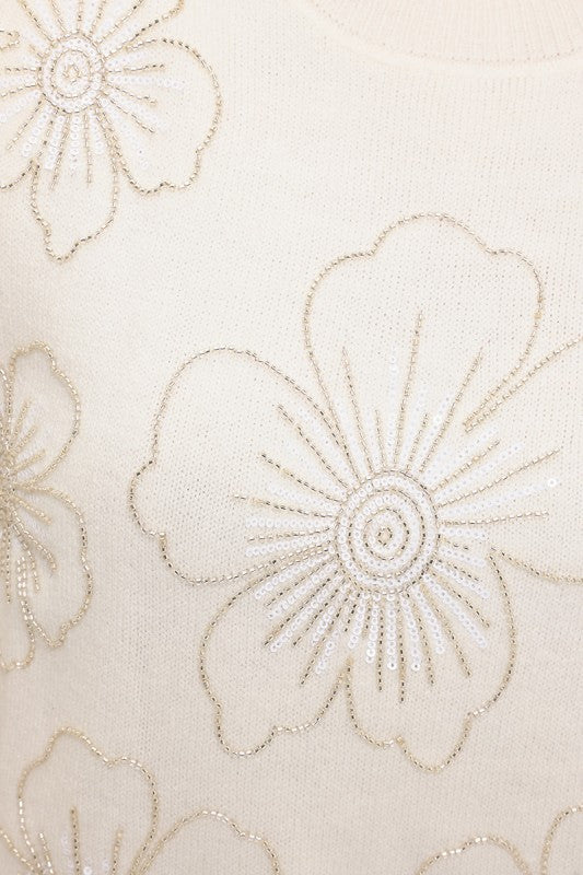 Ever B Floral Beaded Long Sleeve Sweater Top