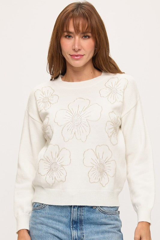 Ever B Floral Beaded Long Sleeve Sweater Top