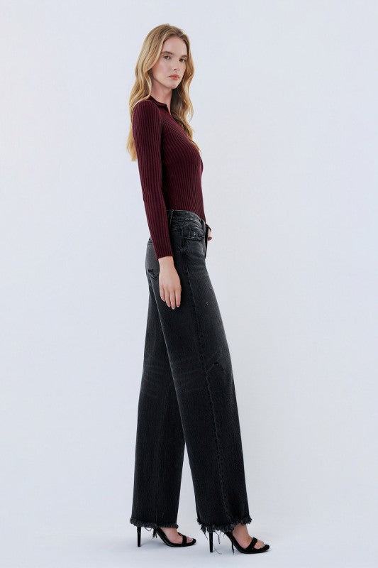 Vervet Mid Rise Distressed Hem Black Wide Leg Jeans Bottom