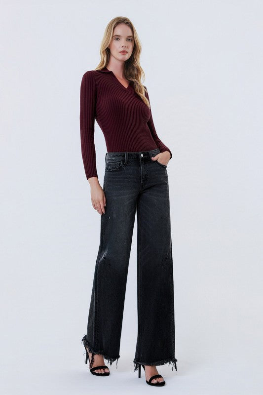 Vervet Mid Rise Distressed Hem Black Wide Leg Jeans Bottom