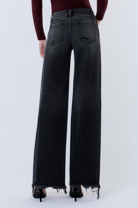 Vervet Mid Rise Distressed Hem Black Wide Leg Jeans Bottom