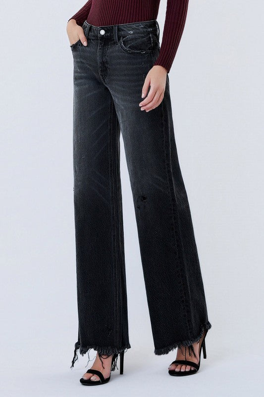 Vervet Mid Rise Distressed Hem Black Wide Leg Jeans Bottom