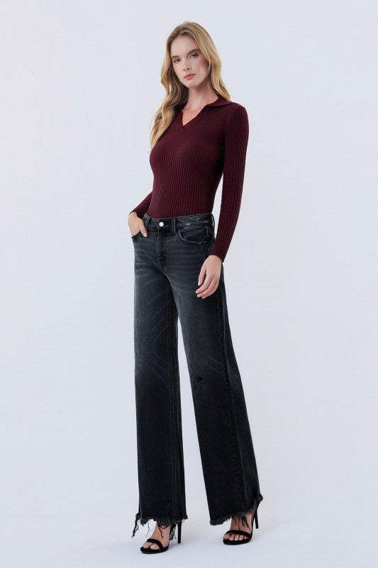 Vervet Mid Rise Distressed Hem Black Wide Leg Jeans Bottom