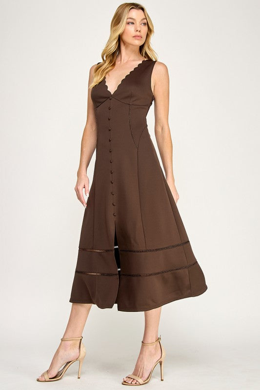 GenZ Scalloped V-neck Button-front Midi Dress