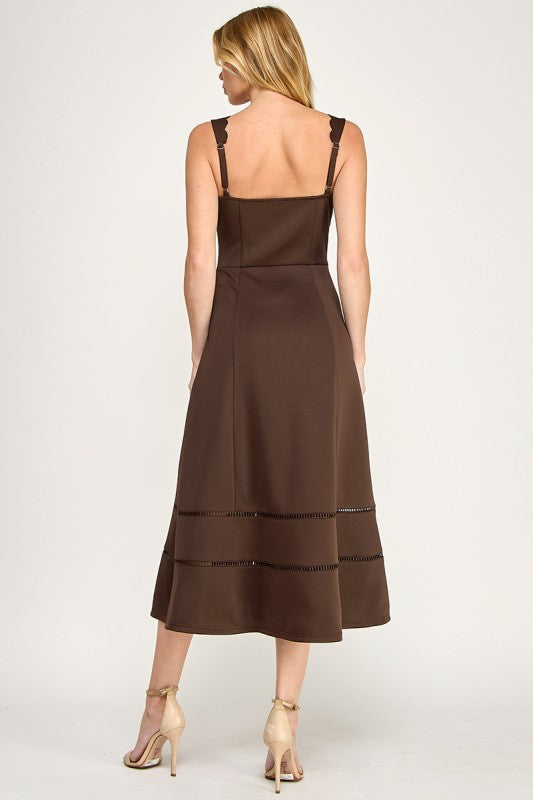 GenZ Scalloped V-neck Button-front Midi Dress