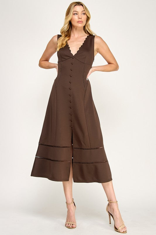 GenZ Scalloped V-neck Button-front Midi Dress