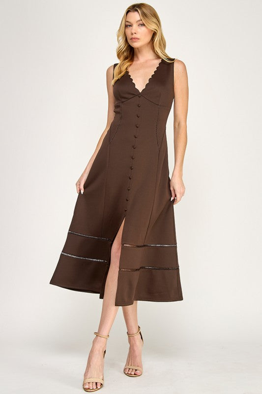 GenZ Scalloped V-neck Button-front Midi Dress