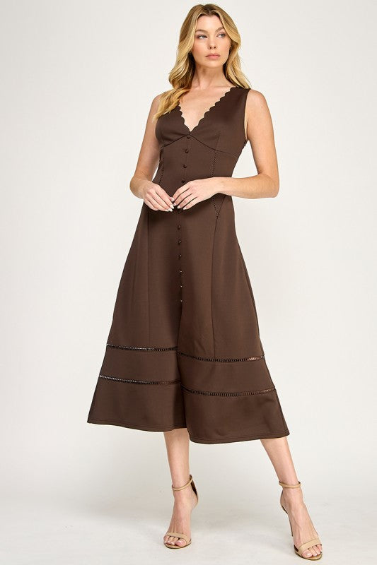 GenZ Scalloped V-neck Button-front Midi Dress