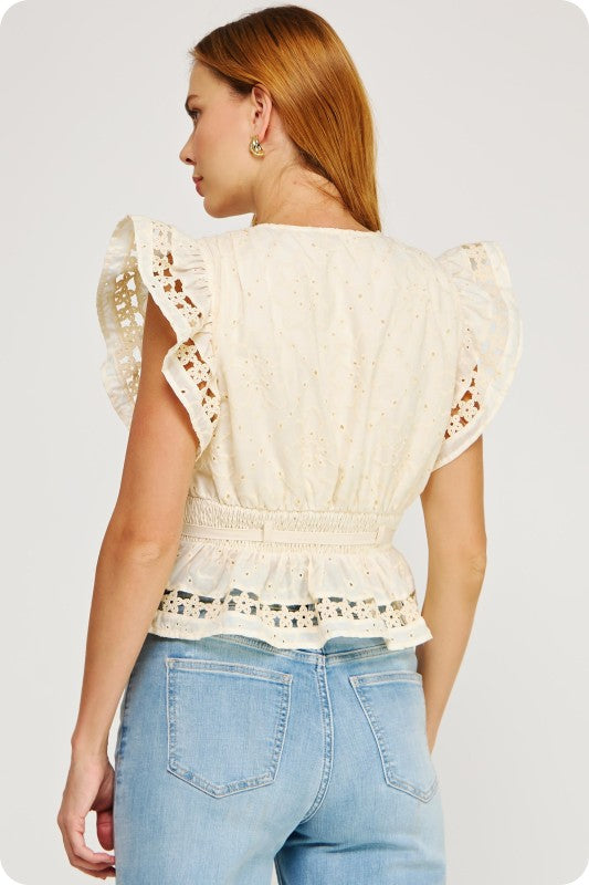 Strut & Bolt Eyelet Lace Trim Flutter Sleeve Peplum Top
