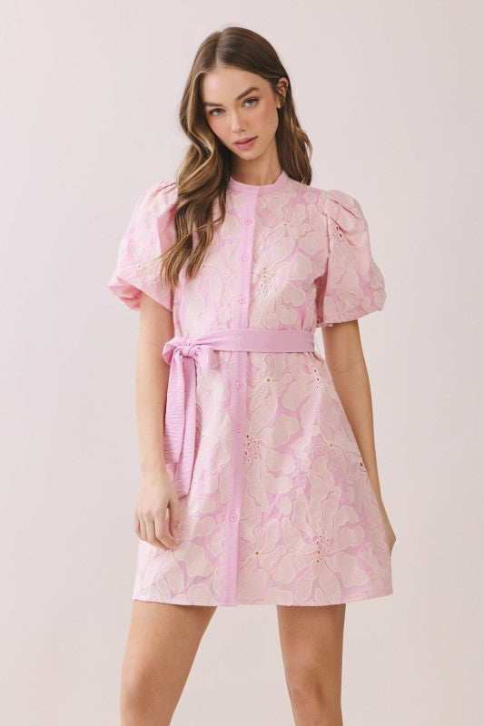 T C E C Floral Eylet Pattern Button Front Mini Dress