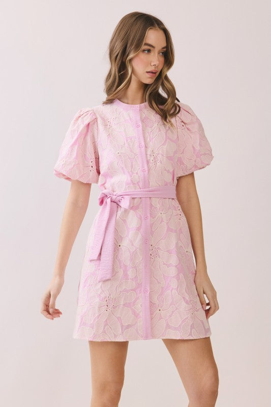 T C E C Floral Eylet Pattern Button Front Mini Dress