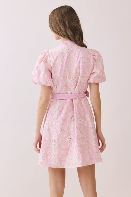 T C E C Floral Eylet Pattern Button Front Mini Dress