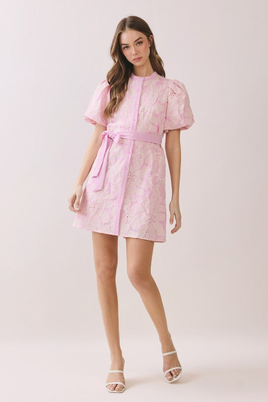 T C E C Floral Eylet Pattern Button Front Mini Dress