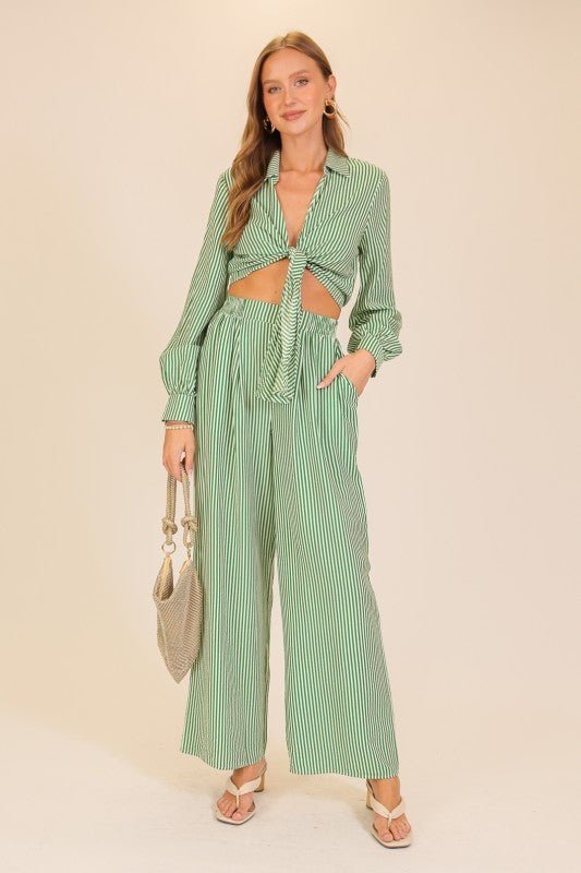 Timing Striped Tie-front Top with Pants Set