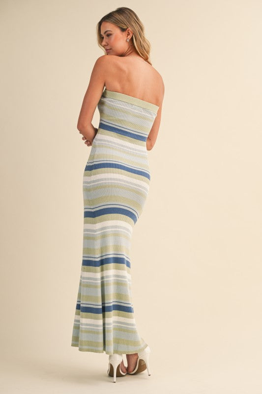 Klesis Multi Striped Strapless Flare Long Dress