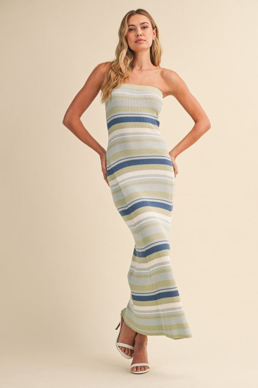 Klesis Multi Striped Strapless Flare Long Dress