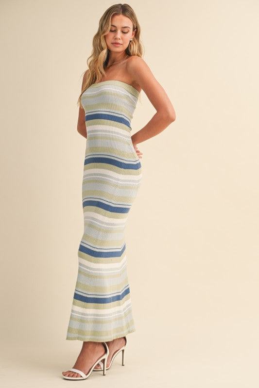 Klesis Multi Striped Strapless Flare Long Dress