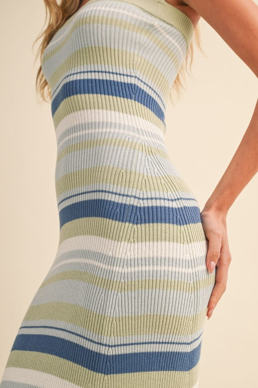Klesis Multi Striped Strapless Flare Long Dress