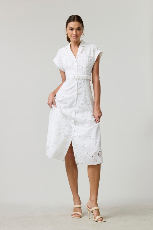 EB Luxe Elegant Lace Midi Shirt Dress
