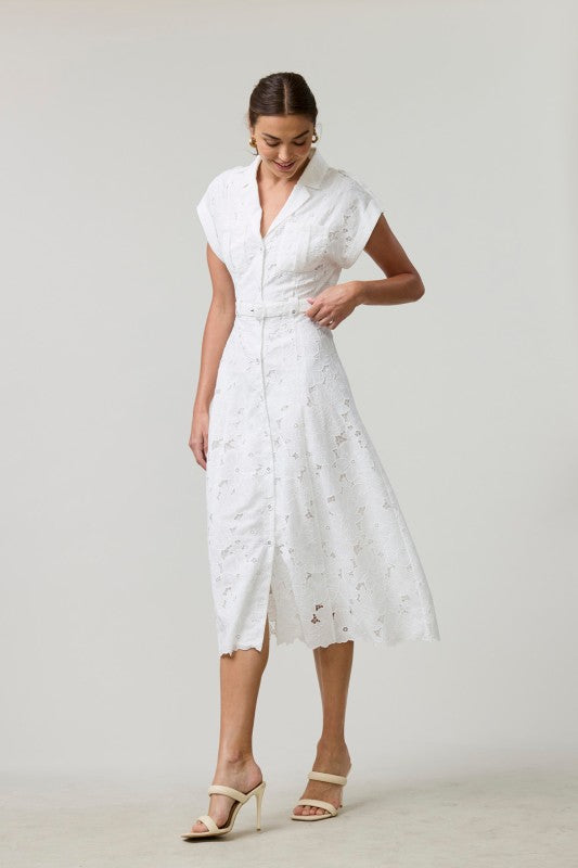 EB Luxe Elegant Lace Midi Shirt Dress