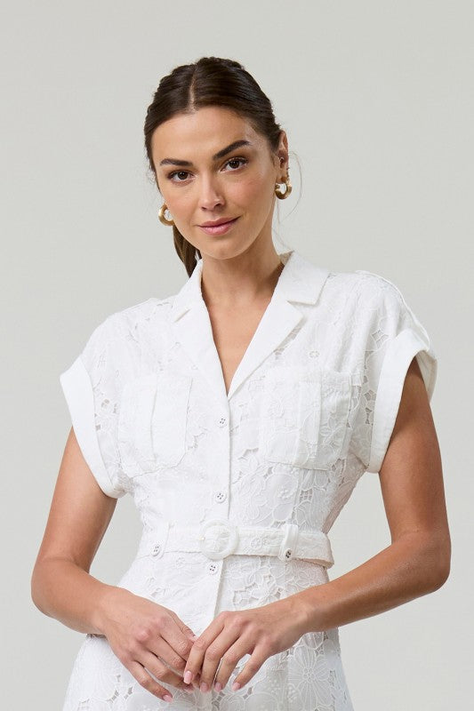 EB Luxe Elegant Lace Midi Shirt Dress
