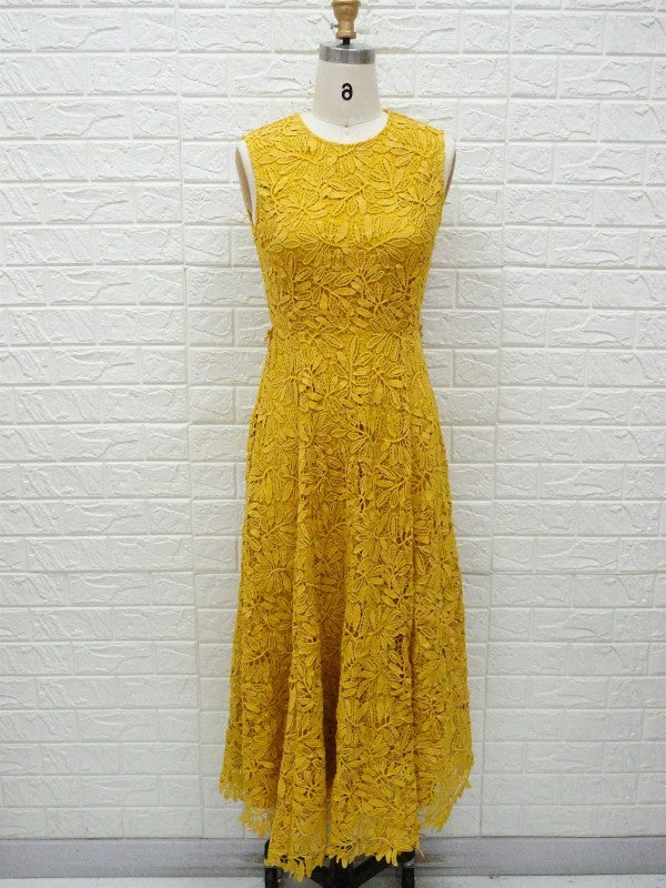 Ina Floral Lace Belted Sleeveless Midi Dress