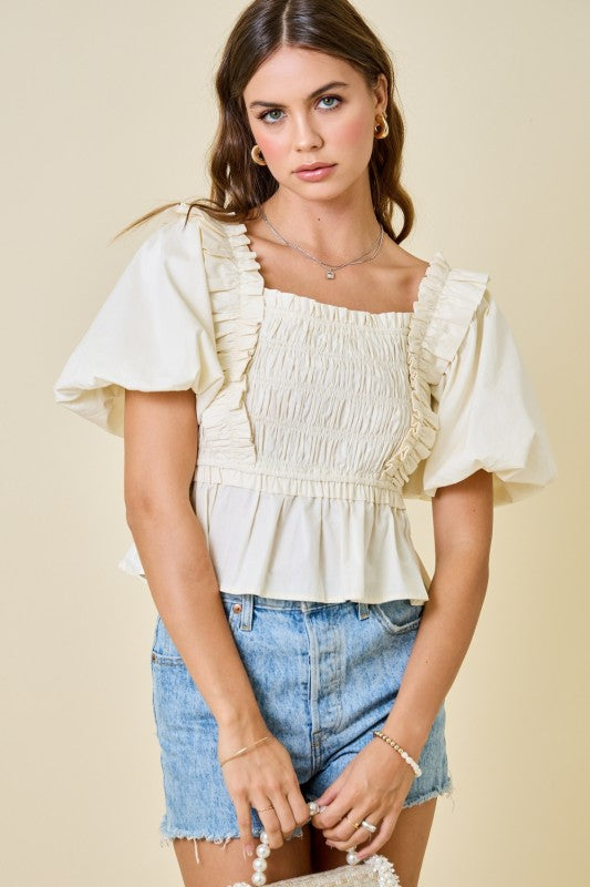 Day + moon Bubble Sleeve Smocked Peplum Ruffle Trim Top