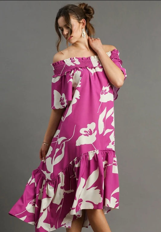 Umgee Smoked  Floral Print Midi Dress