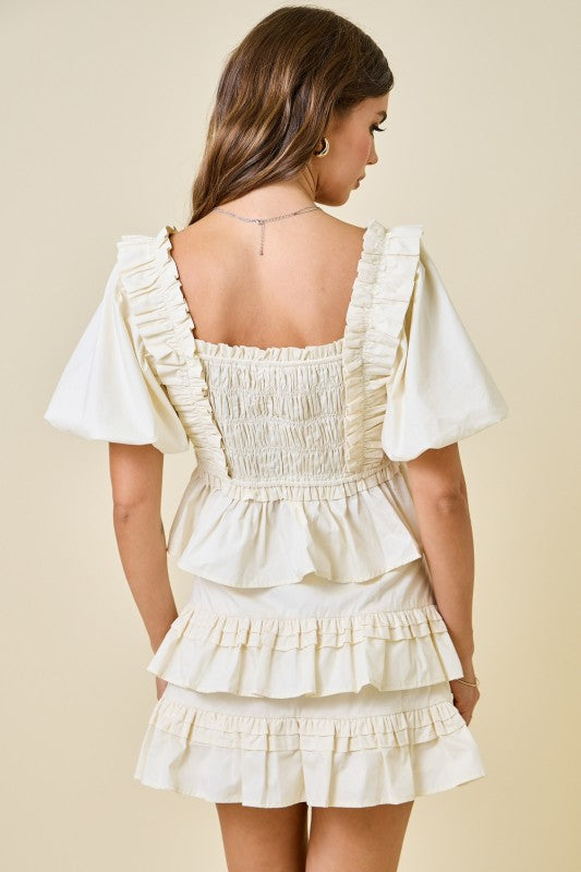 Day + moon Bubble Sleeve Smocked Peplum Ruffle Trim Top