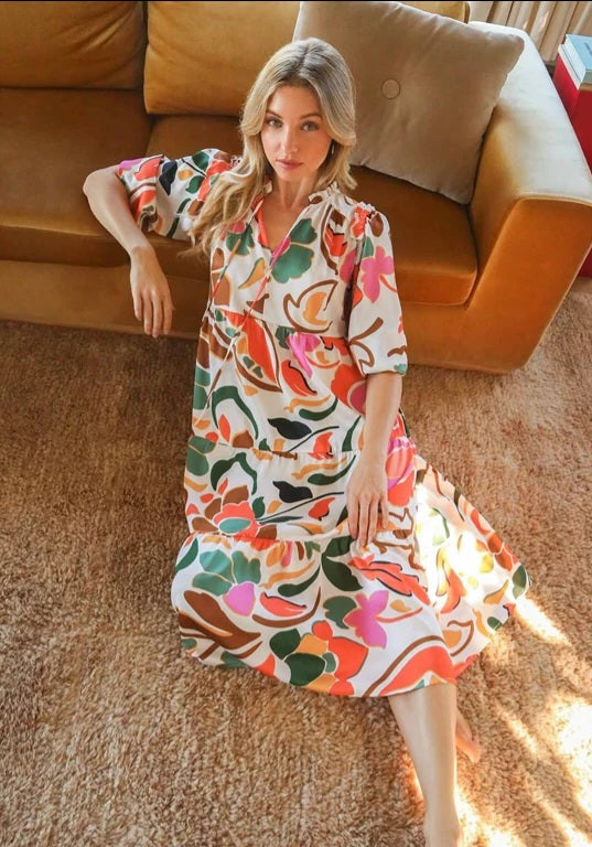 Umgee Abstract Satin Tiered Midi Dress with Bubble Sleeves, Ruffle Neckline
