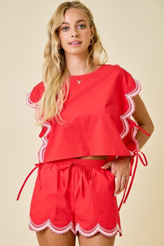 Day + Moon Scalloped Embroidered Sleeveless Crop Top  Trim Elastic Waist Shorts Set