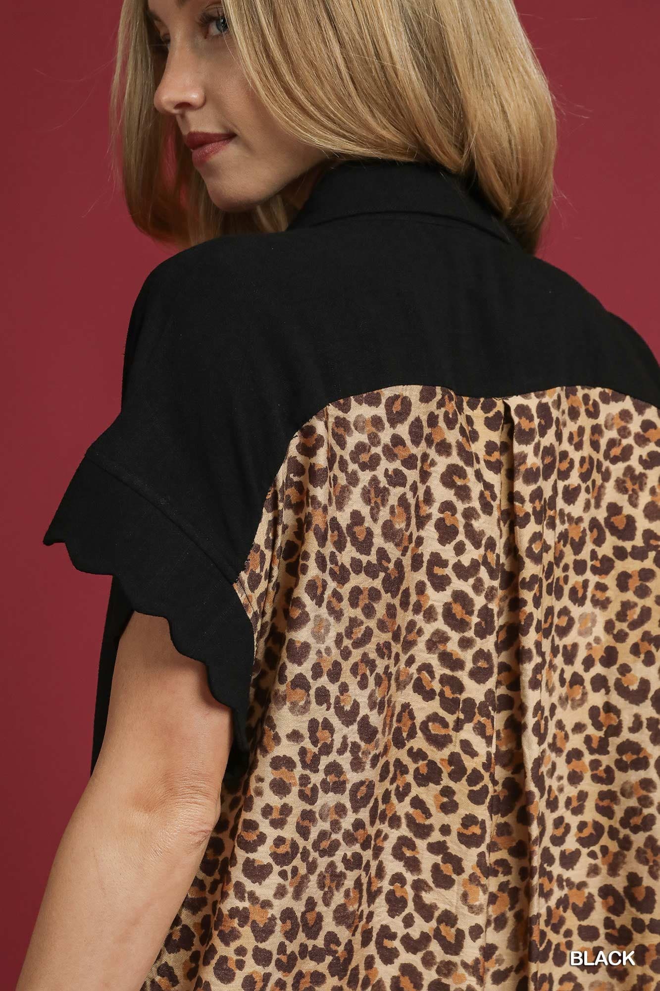 Umgee Linen Button-Down Black with Leopard Print Back Dress