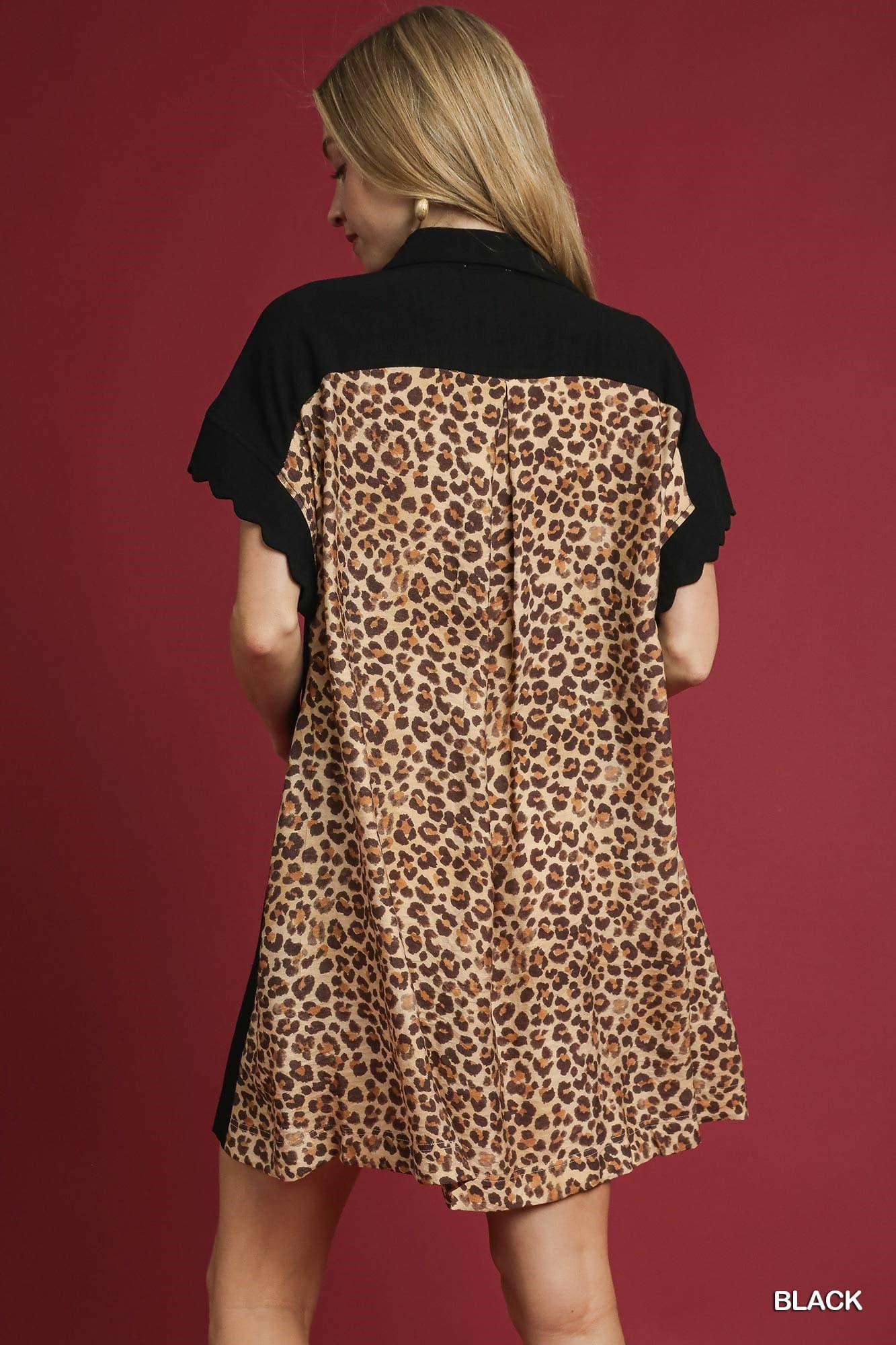 Umgee Linen Button-Down Black with Leopard Print Back Dress