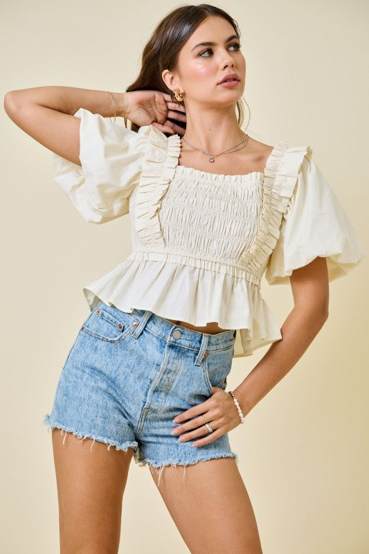 Day + moon Bubble Sleeve Smocked Peplum Ruffle Trim Top