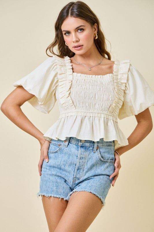 Day + moon Bubble Sleeve Smocked Peplum Ruffle Trim Top