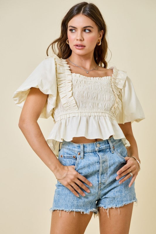 Day + moon Bubble Sleeve Smocked Peplum Ruffle Trim Top